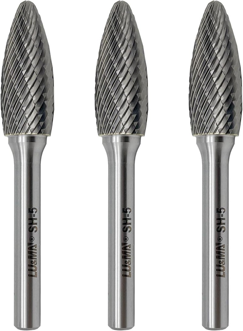LU&MN SH-5 Tungsten Carbide Burr Rotary File Flame Shape Double Cut (1/2” Cutter Dia X 1-1/4”Cutter Length) with 1/4'' Shank Dia,3PCS - Image 1